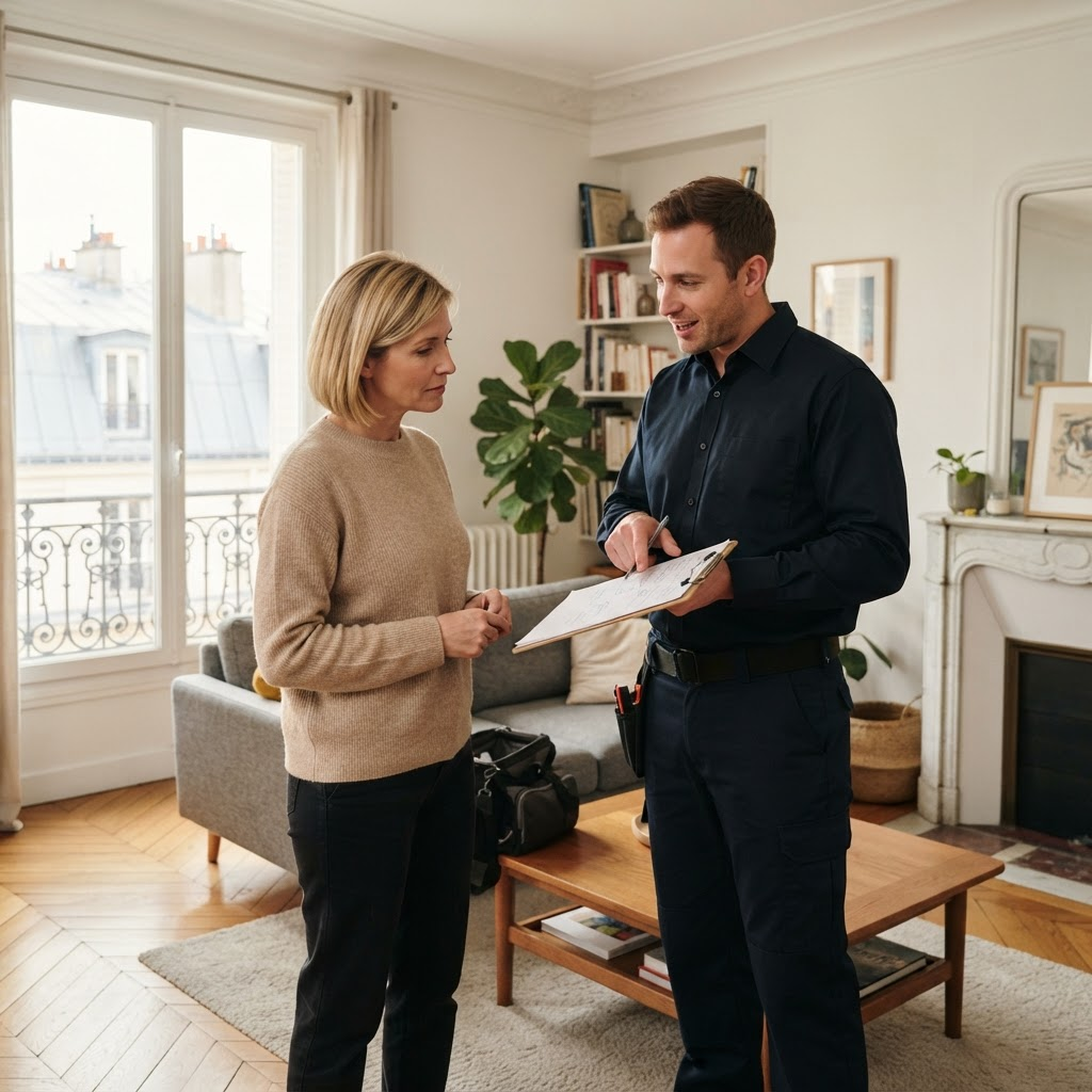 Technicien expliquant un diagnostic à un particulier dans son logement